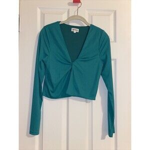 Superdown Top Teal Emerald Twist Front Ribbed Long Sleeve Crop Small Revolve